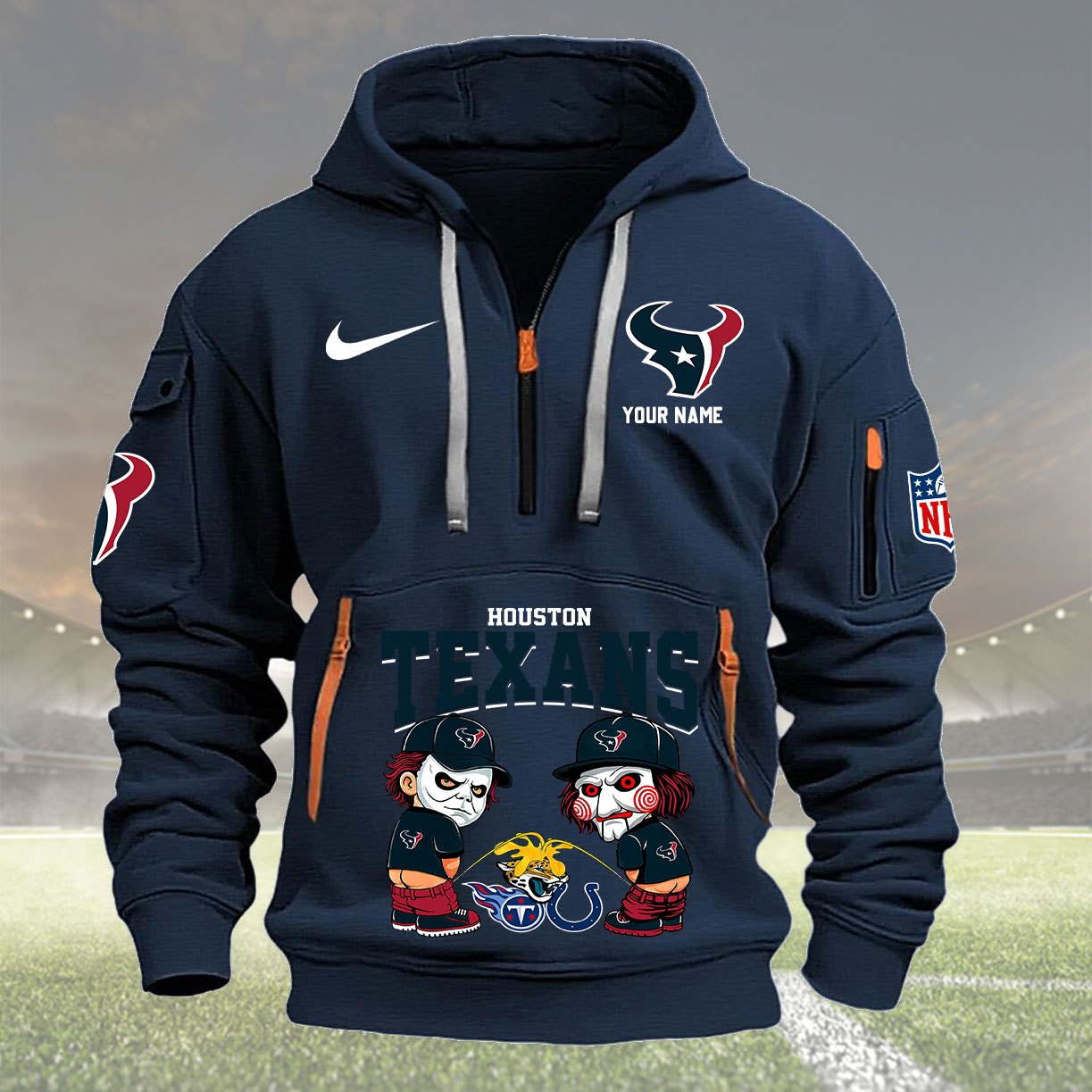 Sweat à capuche personnalisé avec fermeture éclair quart de tour des Houston Texans, nouvelle collection AZBTQZH000286