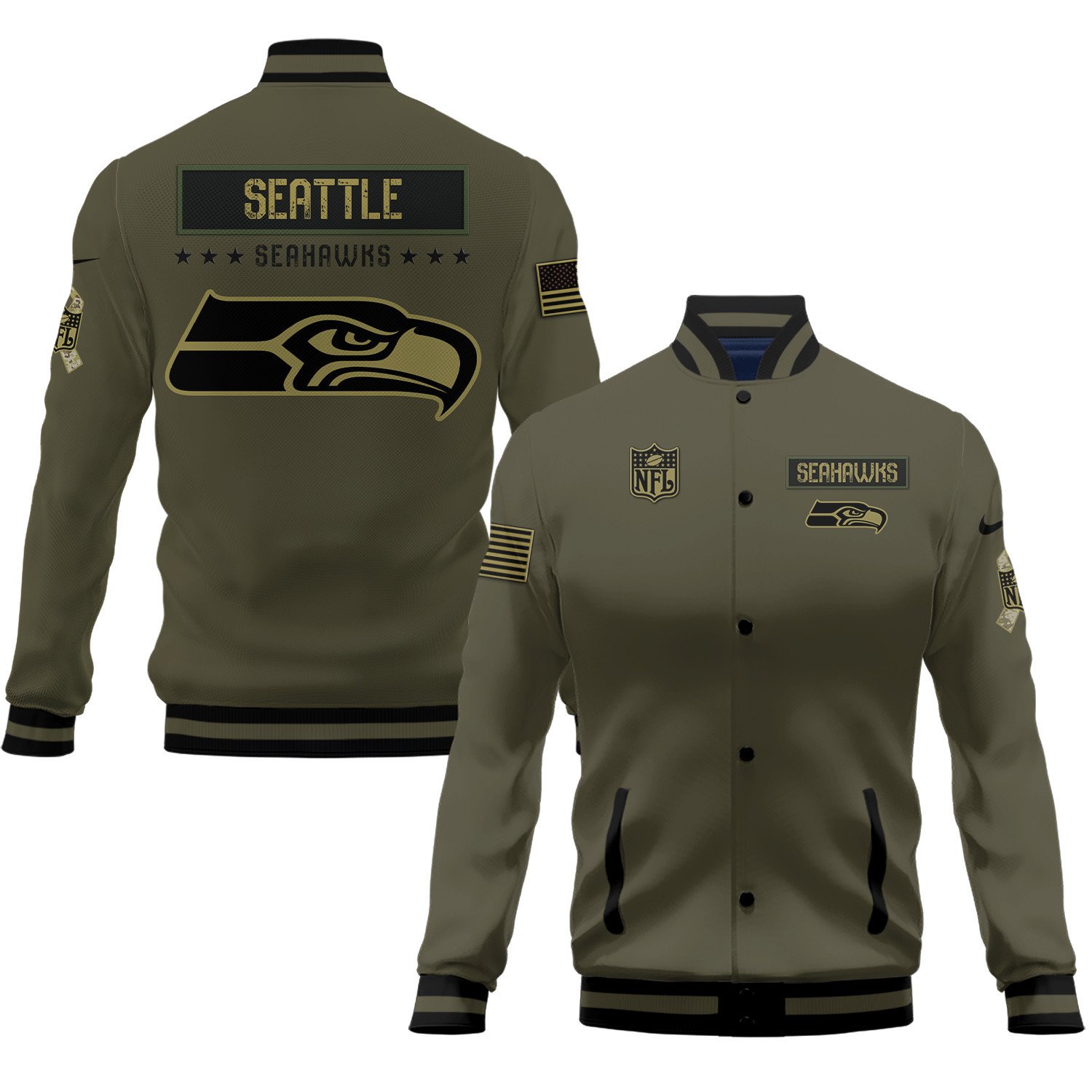Seattle Seahawks Salute To Service Club Baseball Jacket Varsity Jacket - Brown