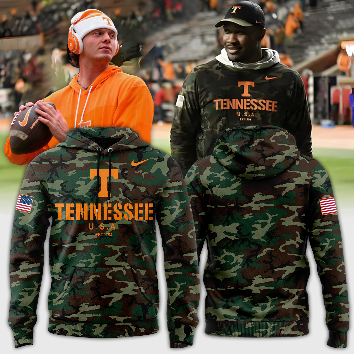 Tennessee Football Camo Salute to Service Club Fleece Pullover Hoodie